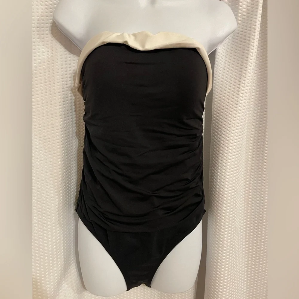 Chaps Black With White Trim Tuxedo Strapless One-piece Swimsuit Size 12